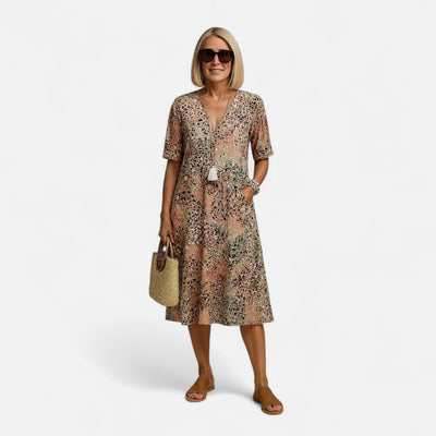 Mivora London | Women's Boho V-Neck Midi Dress With Relaxed A-Line Silhouette