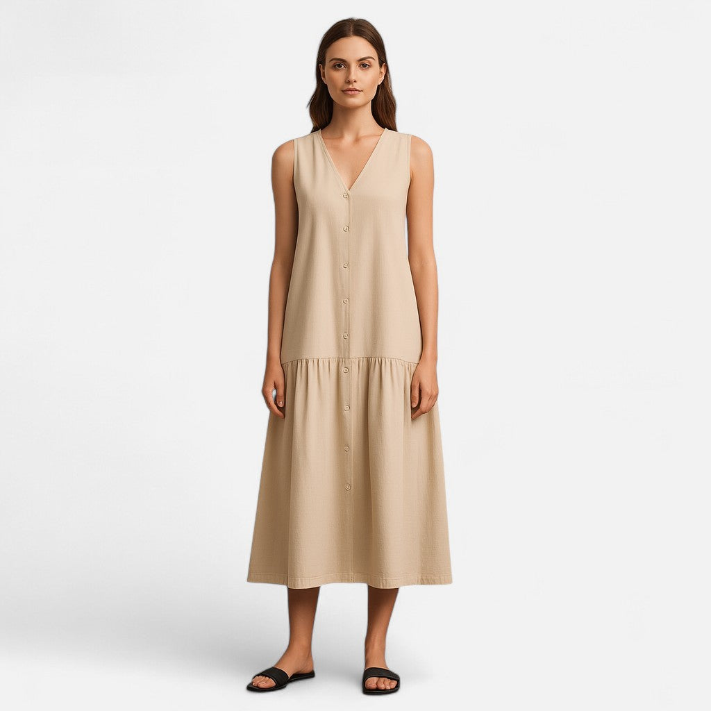 Mivora London | Elegant V-Neck Midi Dress With Flowy Silhouette