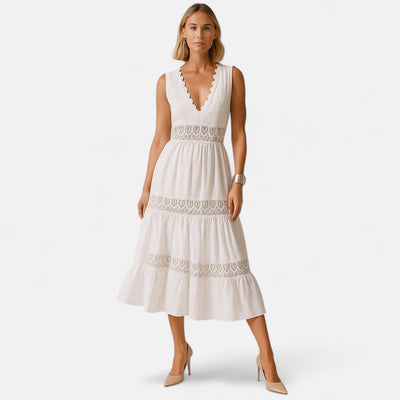 Mivora London | Women's Elegant Handcrafted Lace V-Neck Midi Dress