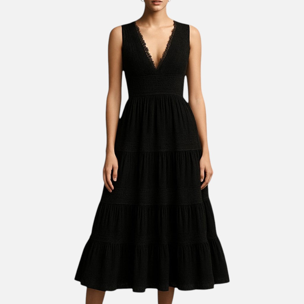 Mivora London | Women's Elegant Handcrafted Lace V-Neck Midi Dress