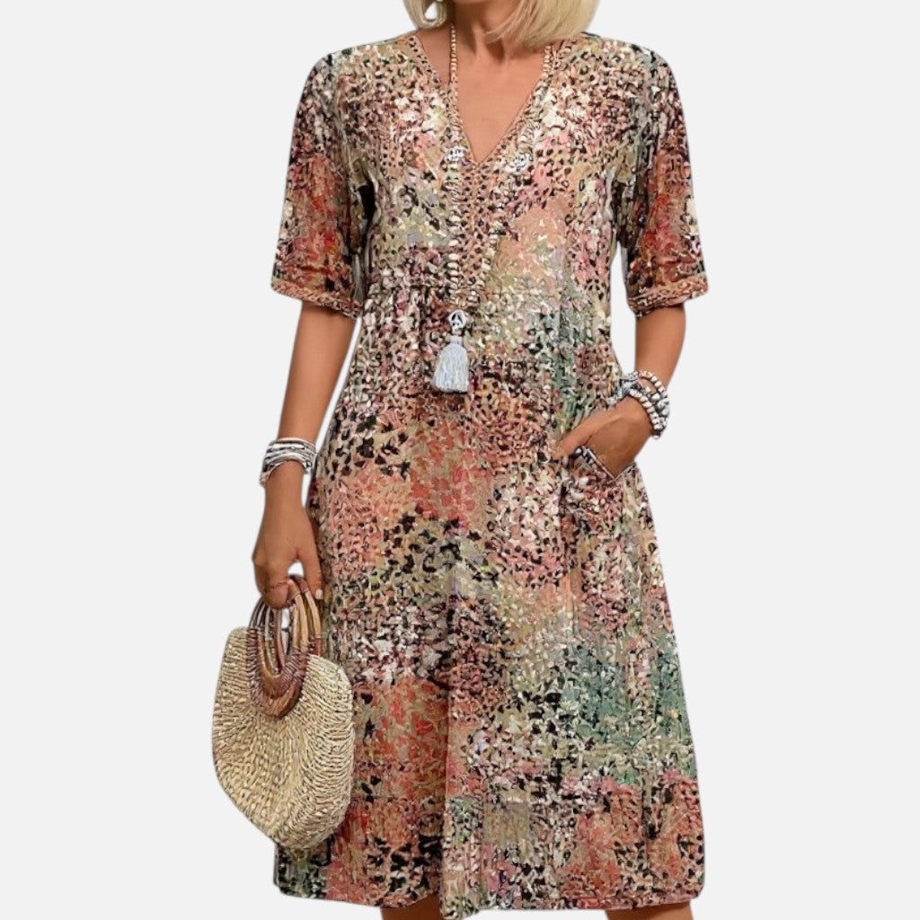 Mivora London | Women's Boho V-Neck Midi Dress With Relaxed A-Line Silhouette