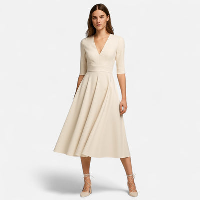 Mivora London | Women's Elegant V-Neck Midi Dress With Flowing Silhouette