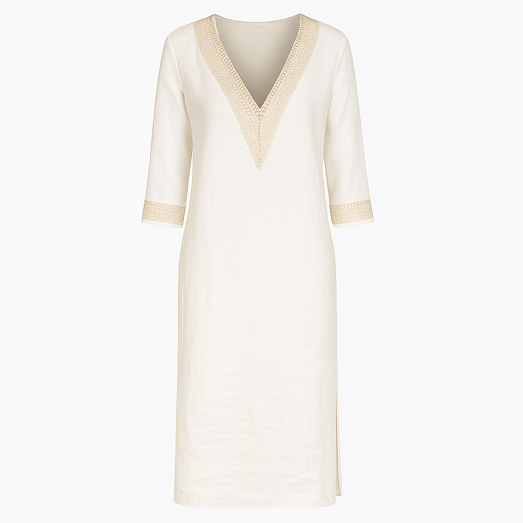 Mivora London | Women’s Casual V‑Neck Lace‑Trim Relaxed‑Fit Midi Dress With 3/4 Sleeves
