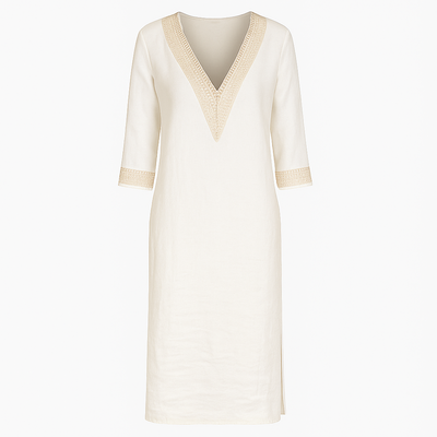Mivora London | Women’s Casual V‑Neck Lace‑Trim Relaxed‑Fit Midi Dress With 3/4 Sleeves