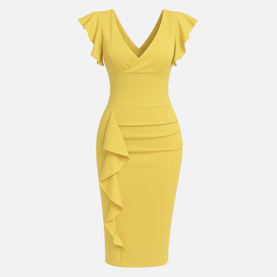 Mivora London | Women’s Elegant Bodycon Midi Dress With Ruffle Sleeves