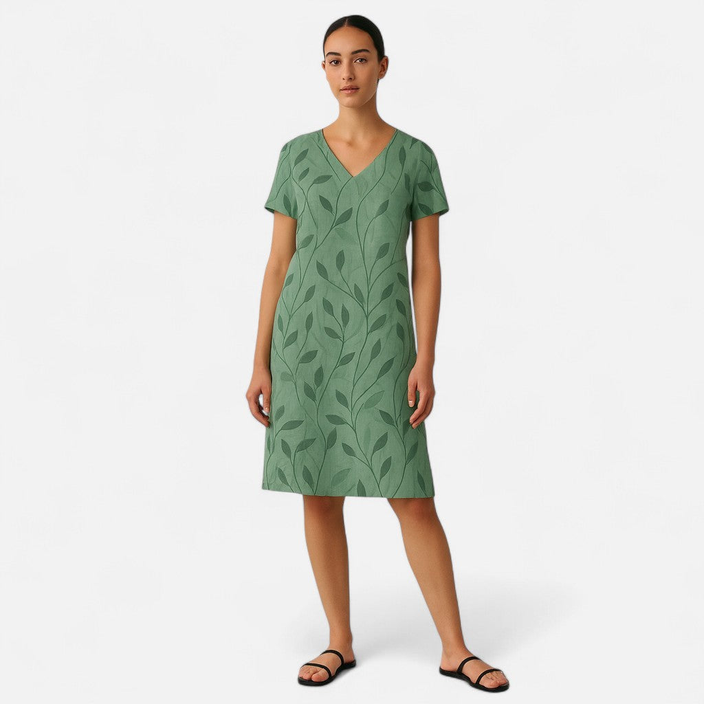 Mivora London | Women's Leaf Print Cotton V-Neck Summer Dress