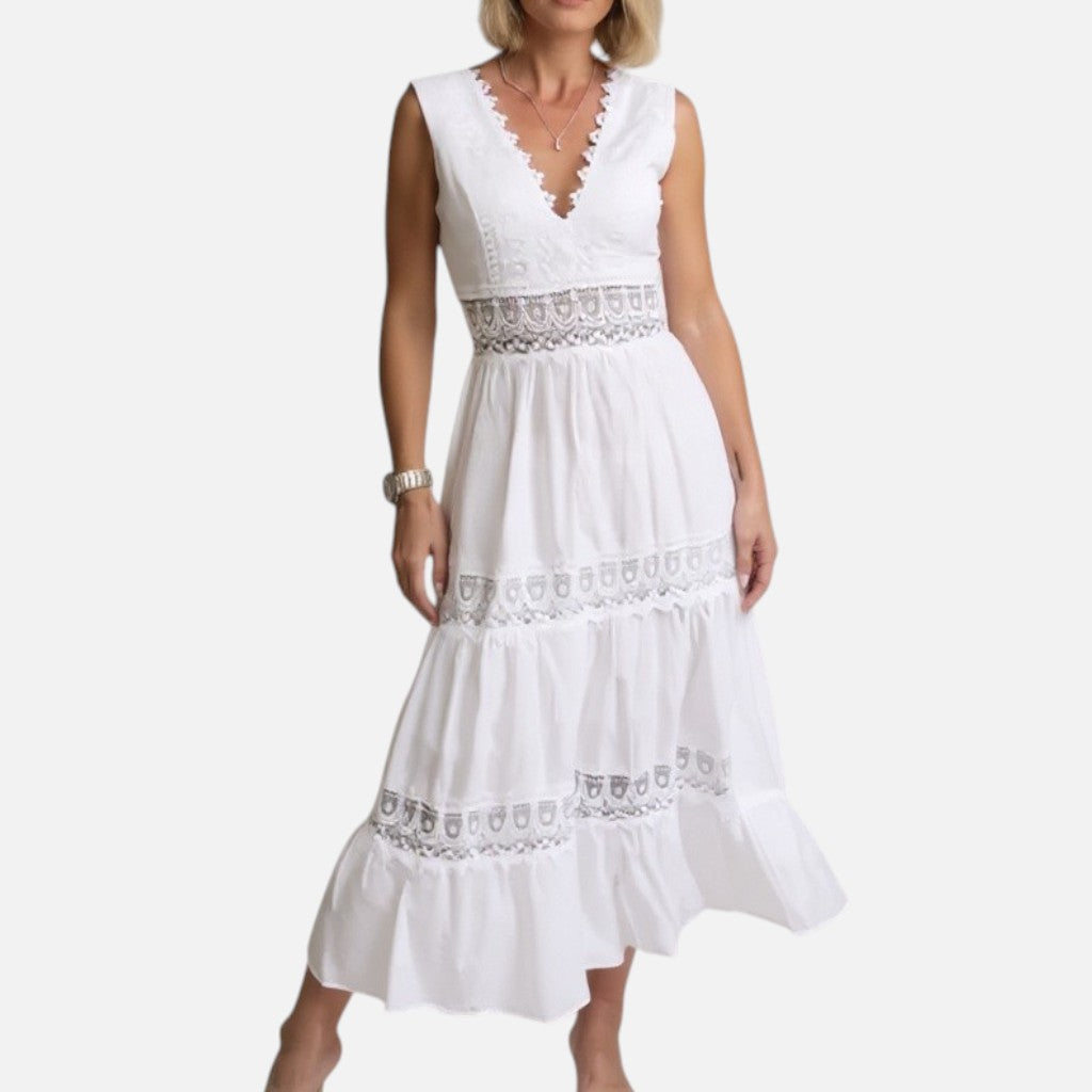 Mivora London | Women's Elegant Handcrafted Lace V-Neck Midi Dress