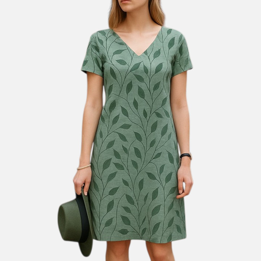 Mivora London | Women's Leaf Print Cotton V-Neck Summer Dress