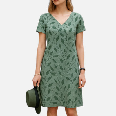 Mivora London | Women's Leaf Print Cotton V-Neck Summer Dress