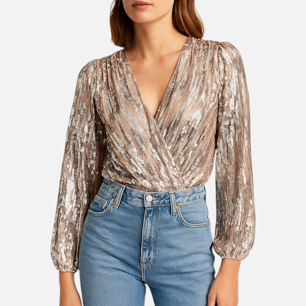 Mivora London | Women’s Slim Fit Sequin Wrap Blouse for Evening & Party