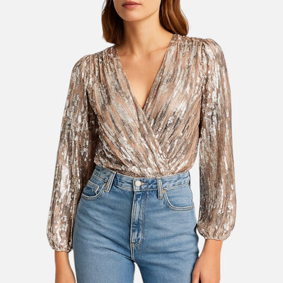 Mivora London | Women’s Slim Fit Sequin Wrap Blouse for Evening & Party