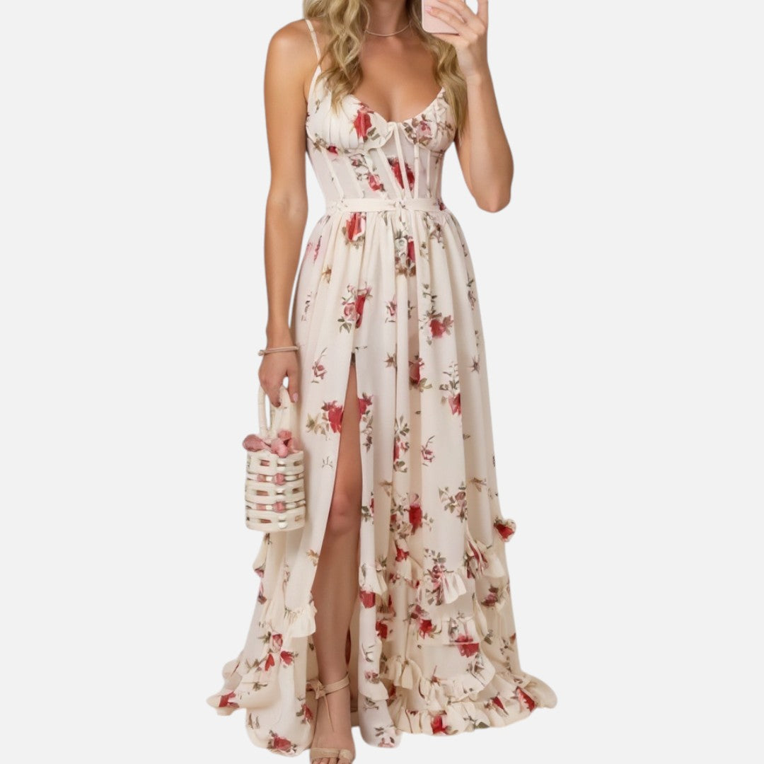 Mivora London | Floral Lace Maxi Dress With Sheer Sleeves