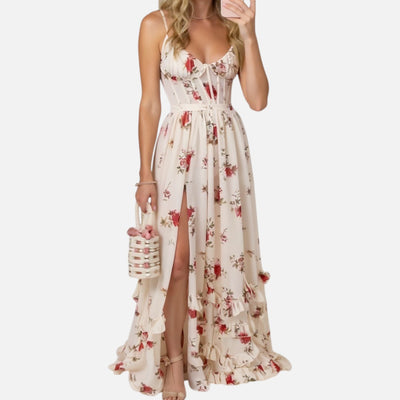 Mivora London | Floral Lace Maxi Dress With Sheer Sleeves