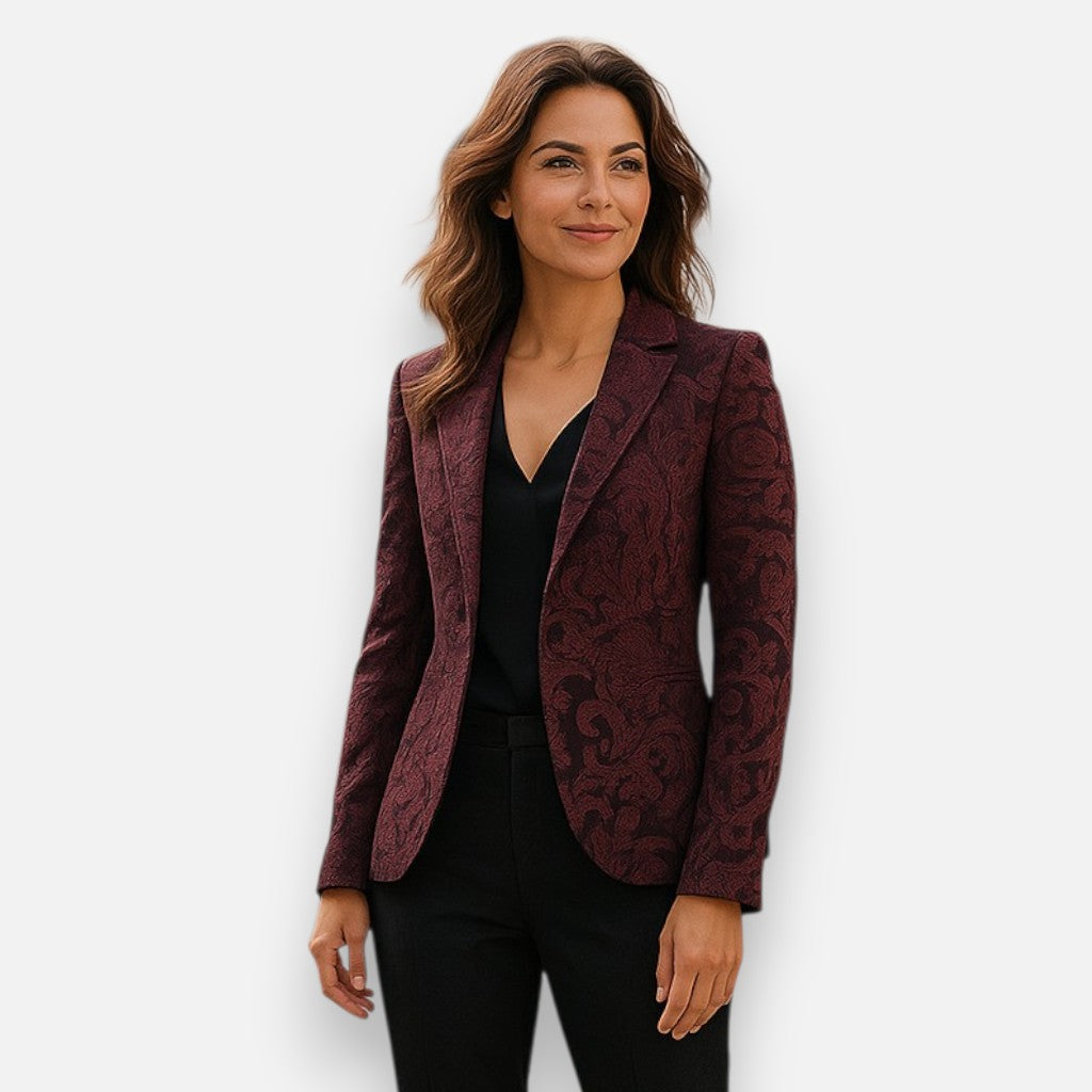Mivora London | Women’s Jacquard Blazer – Burgundy, Tailored Fit
