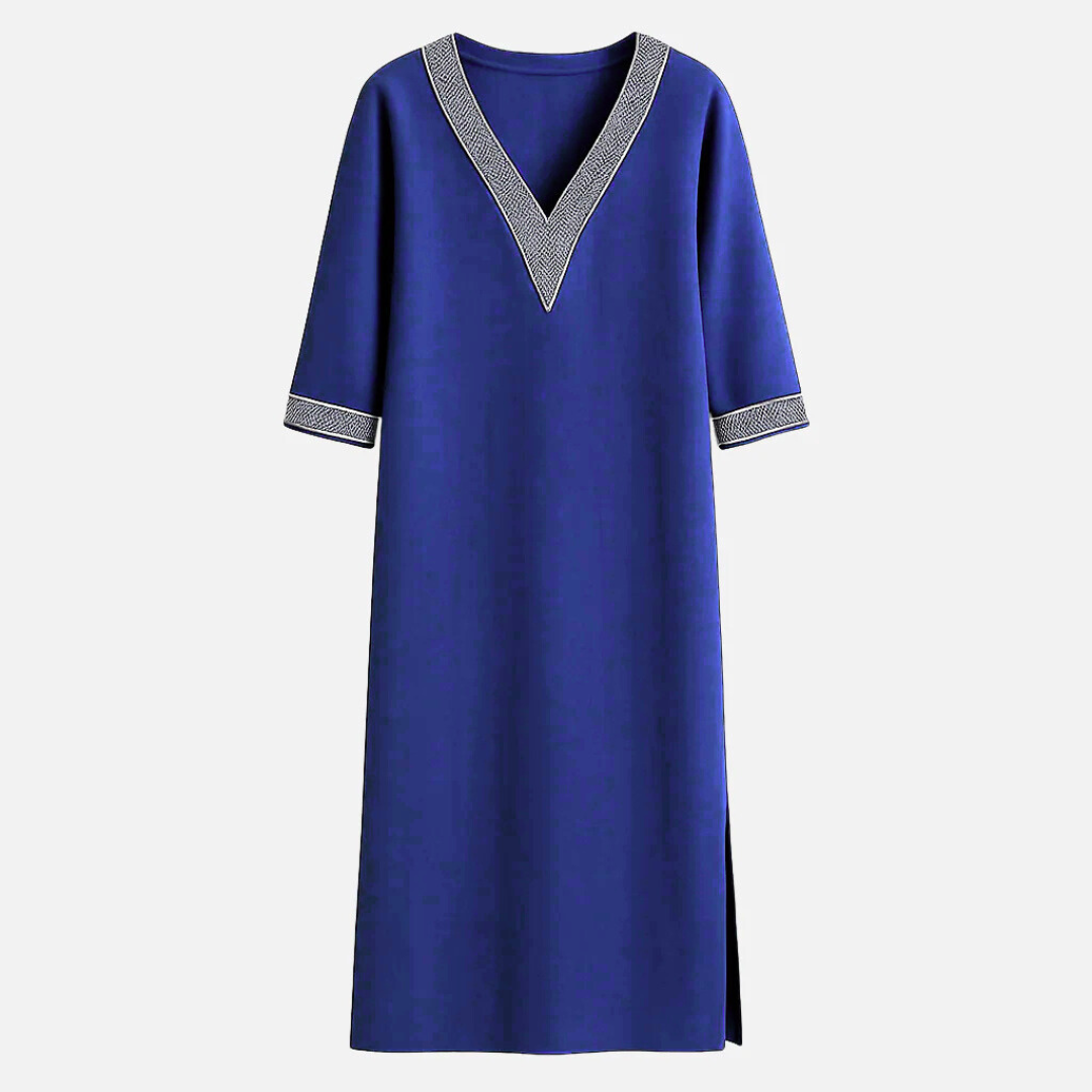 Mivora London | Women’s Casual V‑Neck Lace‑Trim Relaxed‑Fit Midi Dress With 3/4 Sleeves