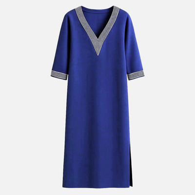 Mivora London | Women’s Casual V‑Neck Lace‑Trim Relaxed‑Fit Midi Dress With 3/4 Sleeves