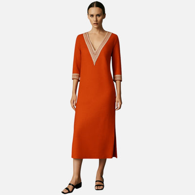Mivora London | Women’s Casual V‑Neck Lace‑Trim Relaxed‑Fit Midi Dress With 3/4 Sleeves