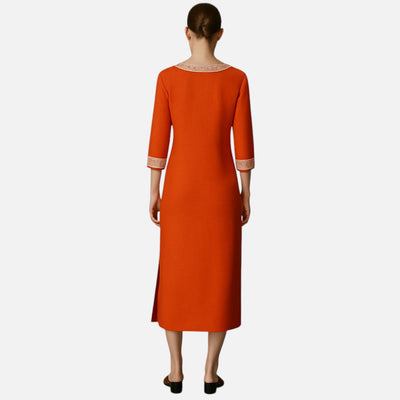Mivora London | Women’s Casual V‑Neck Lace‑Trim Relaxed‑Fit Midi Dress With 3/4 Sleeves
