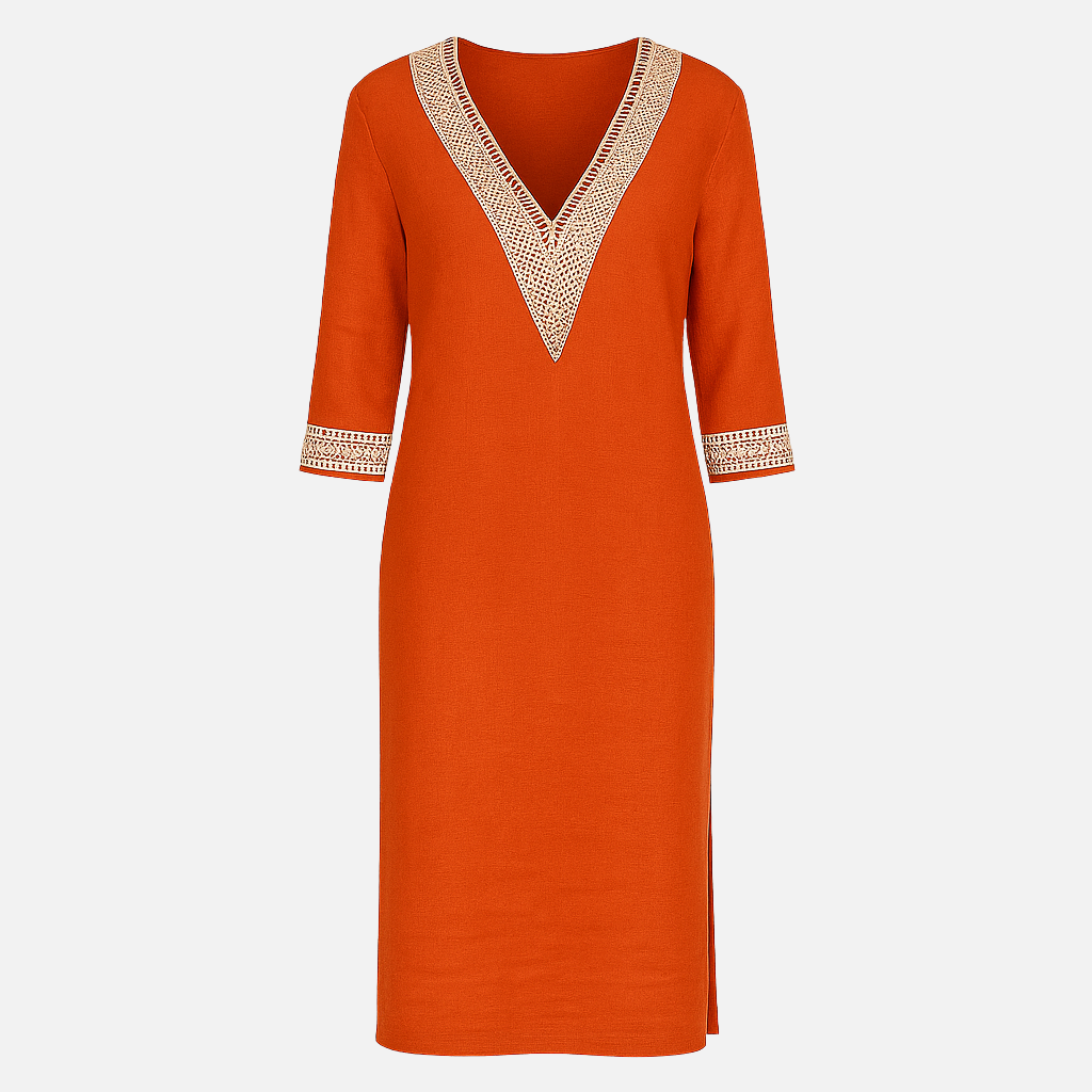 Mivora London | Women’s Casual V‑Neck Lace‑Trim Relaxed‑Fit Midi Dress With 3/4 Sleeves