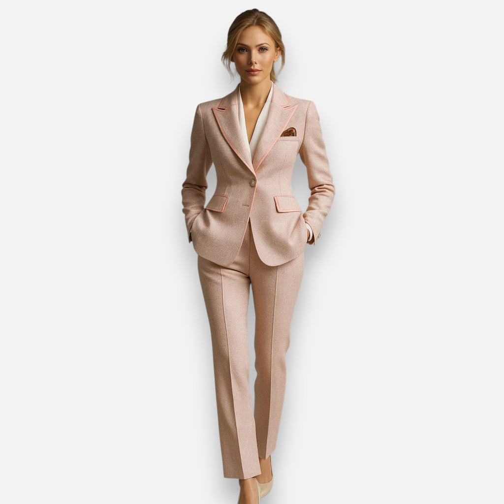 Mivora London | Women’s Soft Pink Tweed 2-piece Suit with Feminine Tailoring & Pearl Accents