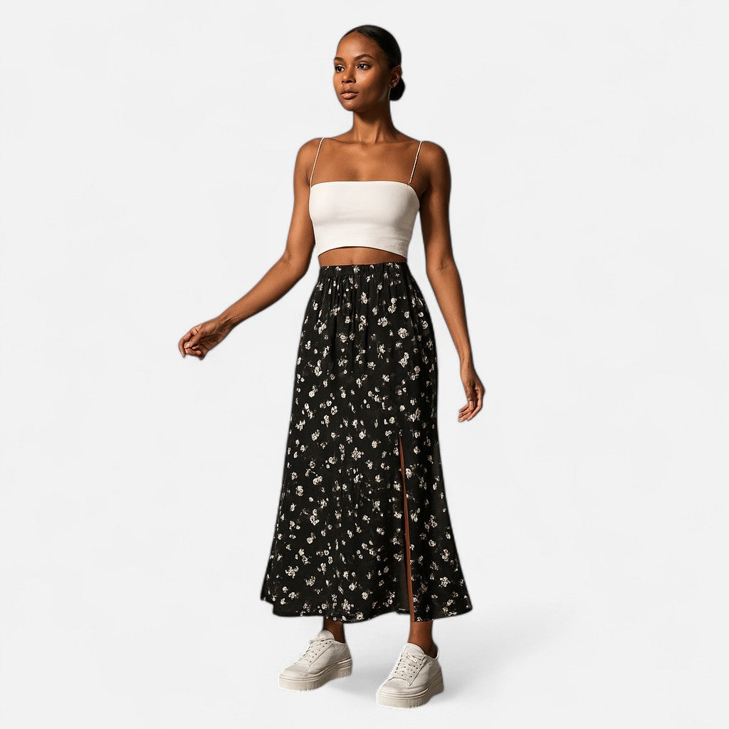 Mivora London | Women’s Floral High-Waist Skirt with Elegant Split Hem