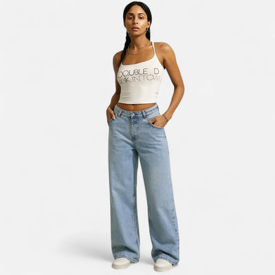 Mivora London | Women’s High-Waist Wide-Leg Jeans – Light Blue Denim with Stretch & Pockets