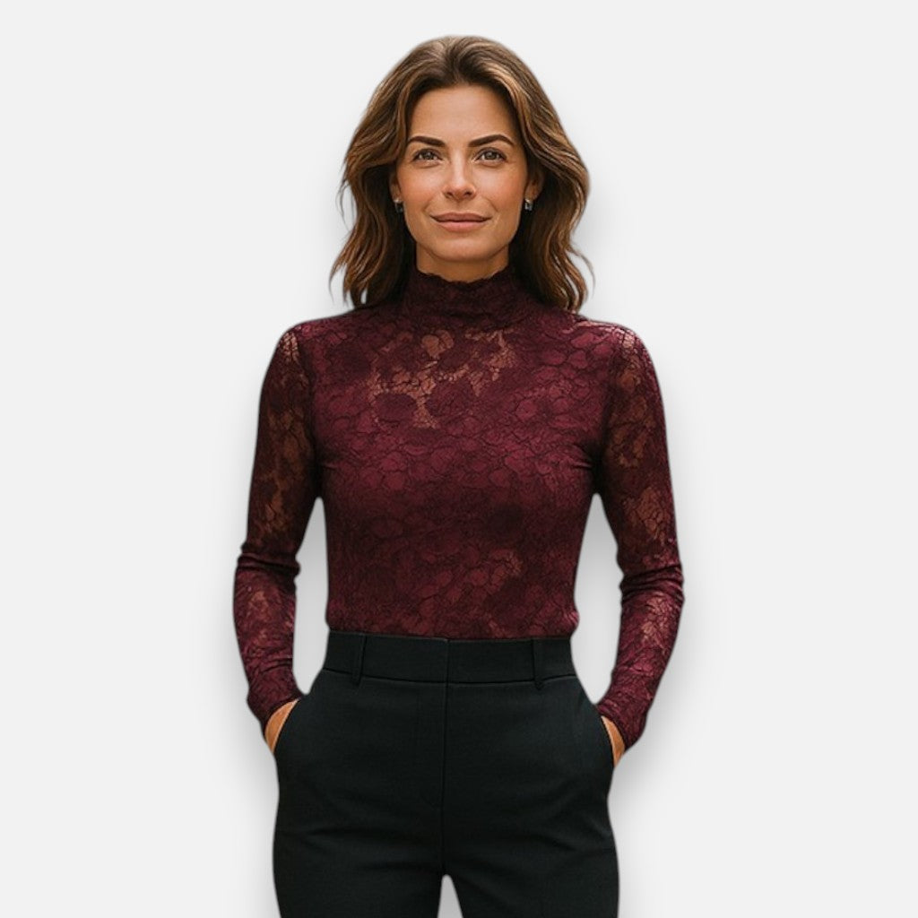 Mivora London | Women’s High-Neck Floral Lace Blouse – Elegant Fit