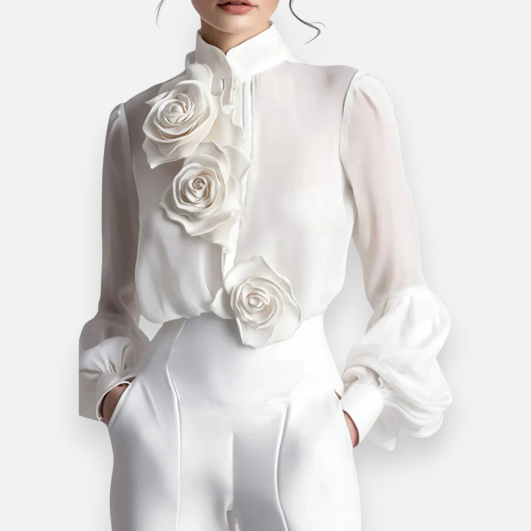 Mivora London | Women’s Modern White Blouse with 3D Rose Detailing