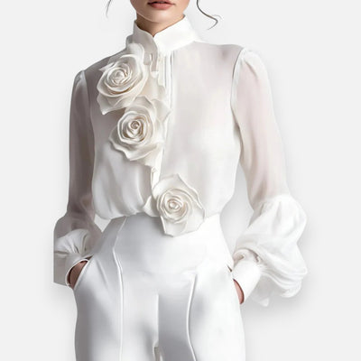 Mivora London | Women’s Modern White Blouse with 3D Rose Detailing