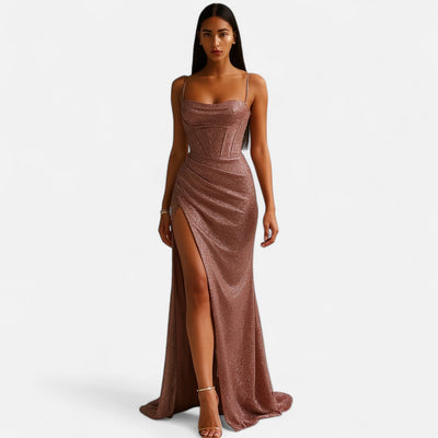 Mivora London | Corset-Style Maxi Dress With Thigh-High Slit