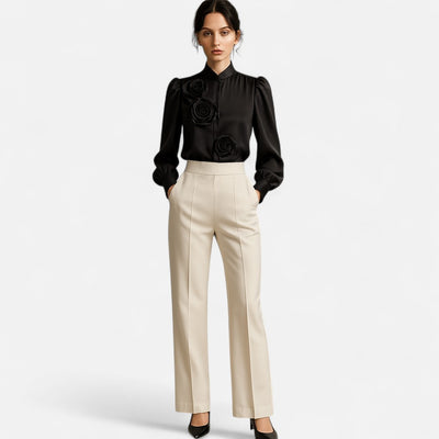 Mivora London | Women’s Modern White Blouse with 3D Rose Detailing
