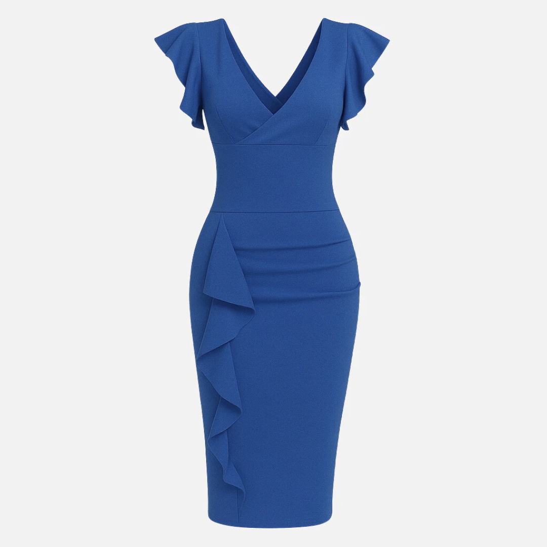 Mivora London | Women’s Elegant Bodycon Midi Dress With Ruffle Sleeves